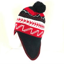 Polar Wear Kids Beanie Hat Ear Flaps Fleece Lined Striped Knit Pom Red Black OS - $7.84