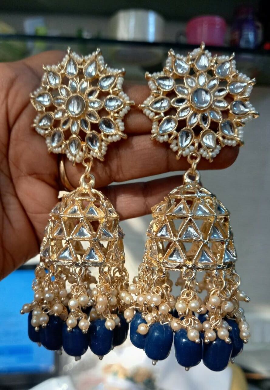 Bollywood Plaqué Or Indien Kundan Grand Jhumka Royal Bleu Earrings Jewelry Set - $37.87