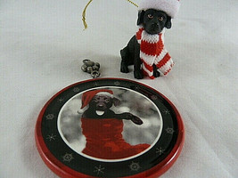 Keith Kimberlin Dog Round Glass Christmas Ornament + resin dog with hat & scarf - $14.84