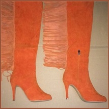 Long Fringe Russet Suede Leather Over the Knee Thigh High Square Heel LA Boots image 4