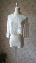 3-Quarters Sleeve White Lace Top Loose Wedding Bridesmaid Crop Lace Top Plus image 2