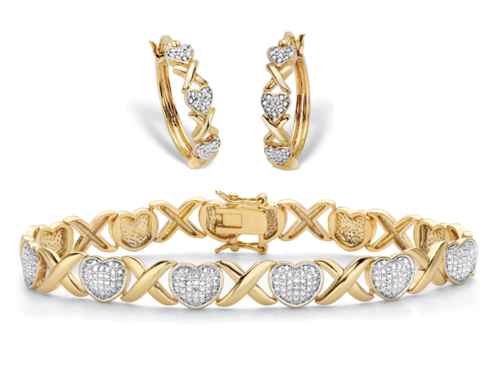DIAMOND ACCENT 18K GOLD HEARTS X&O HOOP EARRINGS BRACELET RING GP SET - $284.99