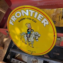 Vintage 1969 Frontier Gas Synthetic Motor Oil Porcelain Gas & Oil Pump Sign - $125.00