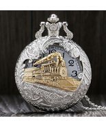 Vintage Silver Charming Gold Train Carved Openable Hollow Steampunk Quartz Pocke - $37.99