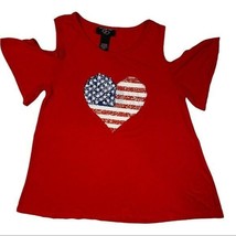 It&#39;s Our Time Red Top USA Cold Shoulders Size 14 Reversible Sequins Hear... - $14.24