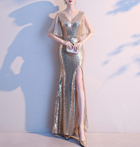Women Gold Sequin Dress Cap Sleeve High Slit Sequin Maxi Wedding Dress,Plus Size