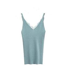 Lace Short Mini Vest Sexy Deep V Neck Sleeveless Tank Top for Girl- Lake Blue