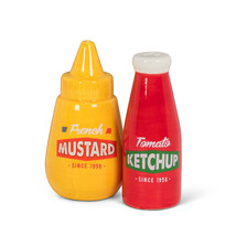 Salt Pepper Shaker Mustard Ketchup Set Ceramic 4" High Gift Condiments Fast Food