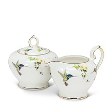 Hummingbird Cream and Sugar with Lid Bone China 10K Gold Accents White Beauty