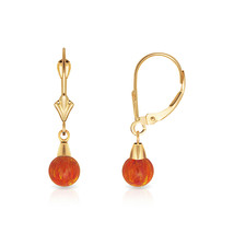 5 mm Ball Shaped Orange Fire Opal Leverback Dangle Earrings 14K Yellow Gold - $85.49