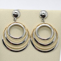 18K YELLOW WHITE GOLD PENDANT EARRINGS ALTERNATE WORKED CIRCLES, MADE IN... - $603.59