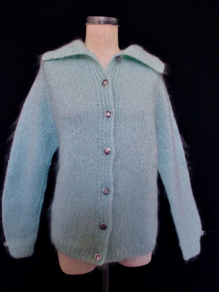 Vintage 60s Italy Hand Knitted Mohair Cardigan Sweater M S Robin's Egg Blue  Aqua