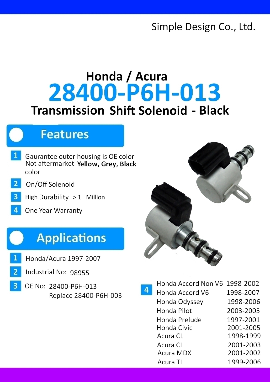 SINS Transmission Solenoid Kit 28250-P6H-024 and 50 similar items