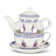 Tea for One Teapot 5 pc Set 12 oz Lavender Sprigs Bone China Glass Mother's Day 