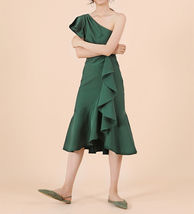 A Line One Shoulder Midi Dress Summer Wedding Bridesmaid Dress, Dark Green Blush image 8