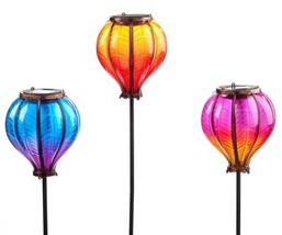 Solar Light Hot Air Balloon Style Garden Stakes Set of 3 Whimsical Double Prong