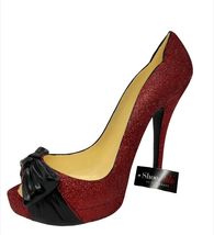 Red Glitter Wine Bottle Holder Stiletto Shoe 8" High with Black Bow Poly Stone image 3
