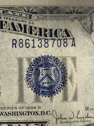 1934-D $5 Silver Certificate Off Center Error Third Print And Miscut ...