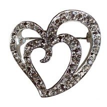 Vintage Liz Claiborne LC Silver Tone Double Heart Rhinestone Brooch Pin - $19.95