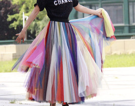 Rainbow Long Pleated Skirt Adult Rainbow Long Tulle Maxi Skirt Outfit Plus Size image 3