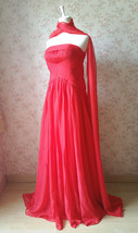 Elegant Red Strapless Sheer Mermaid Maxi Dress Chiffon Sheath Red Evening Dress