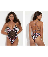 NWT FRANKIES BIKINIS poppy M cheeky one-piece black lotus crochet swimsu... - $134.83