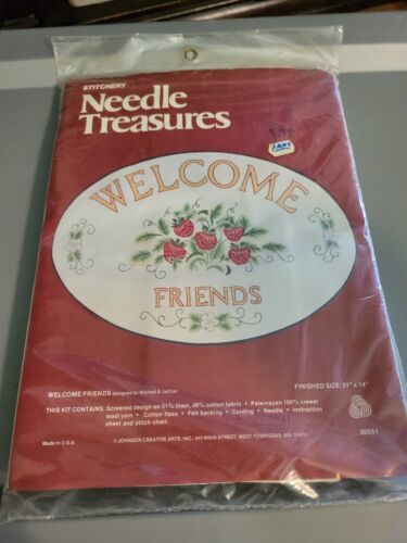 NEW VTG Needle Treasures Welcome Friends Sign 00551 Strawberries Crewel 21x14 - $19.99