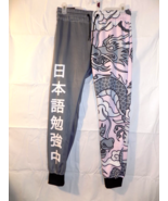 Encrypted Jogger Pants Mens Size M Gray Pink Asian Print Pocket Drawstring - $17.82