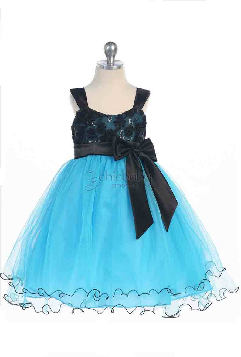 Image 1 of Stunning Girl's Chic Turquoise/Black Flower Girl Pageant Party Dress, USA - Turq