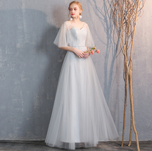 Floor Length Maxi Bridesmaid Dresses Tulle Wedding Dress Light Gray Off Shoulder image 5