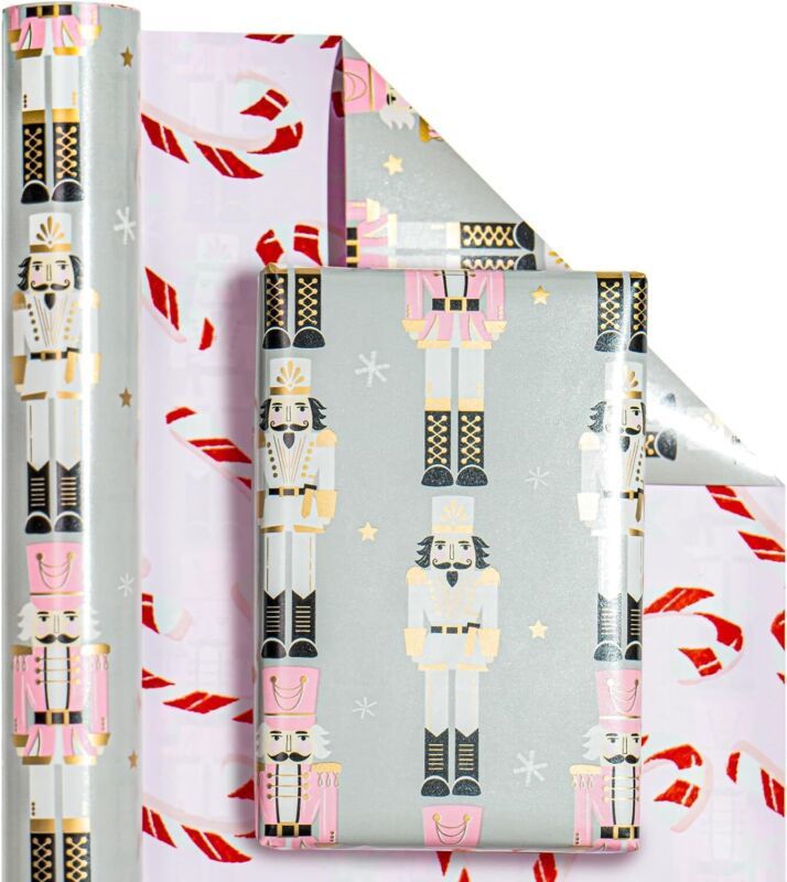 WRAPAHOLIC Reversible Christmas Wrapping Paper - Mini Roll Pink - Nutcracker & Candy Cane