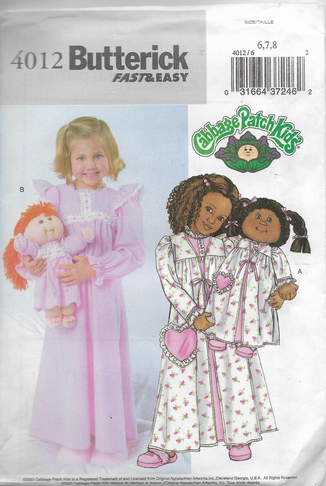 Primary image for Butterick 4012 Child Girls Pajamas Set Robe Nightgown Matching CPK Sleepwear