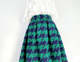 Winter Green Houndstooth Skirt Pleated Midi Party Outfit Women Woolen Skirt Plus image 4