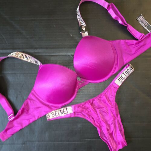 victoria's secret 32c bra set brazilian panty crystallized fuchsia pink purple