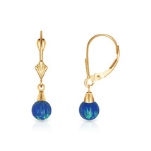 5 mm Ball Shaped Blue Green Fire Opal Leverback Dangle Earrings 14K Yellow Gold - $84.49