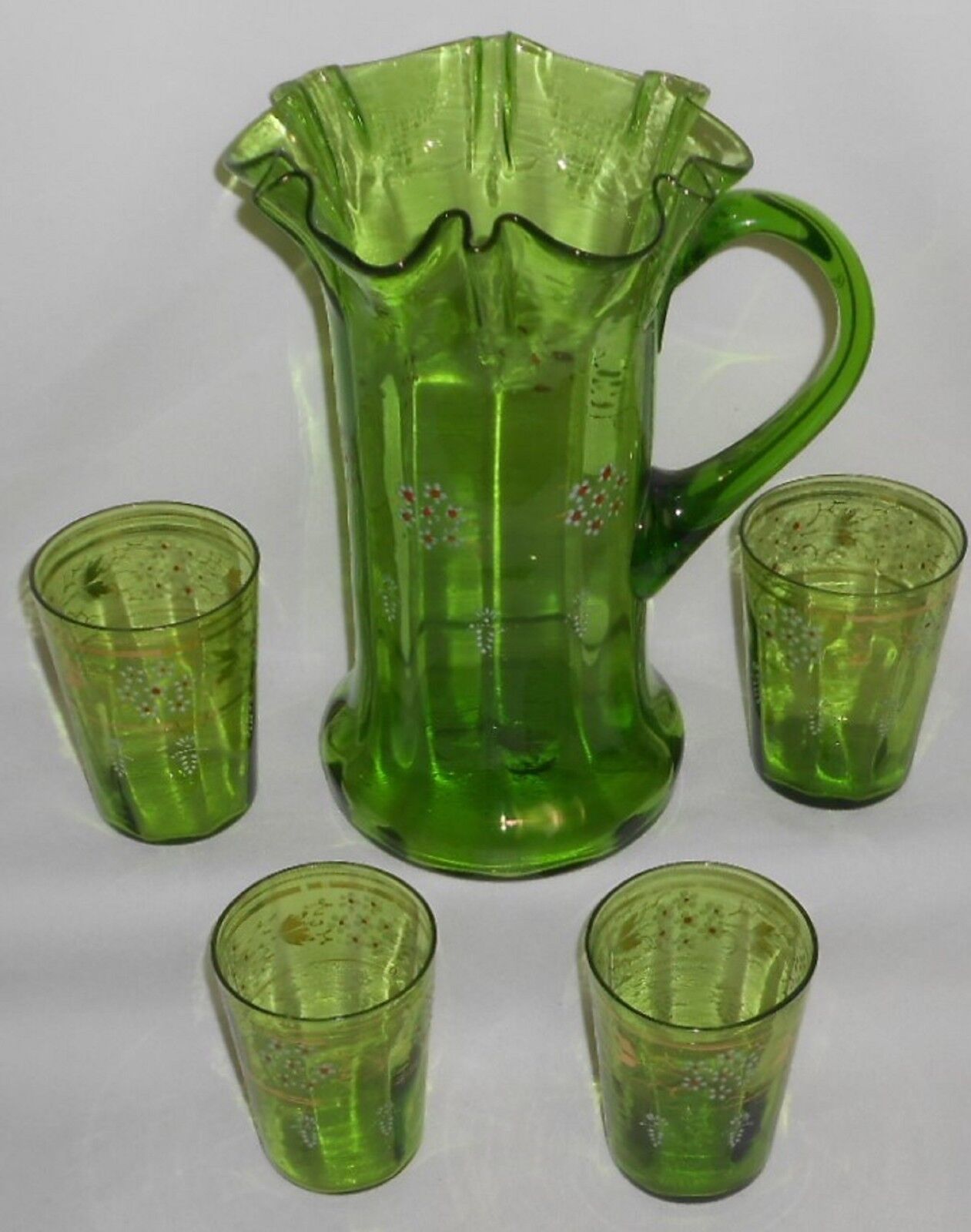 ANTIQUE Victorian GREEN Glass Hand Painted LEMONADE SET Pitcher & 6  Tumblers