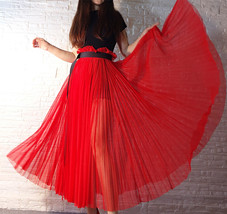 RED Pleated Long Tulle Skirt Outfit Women Red High Waisted Pleated Tulle Skirt 