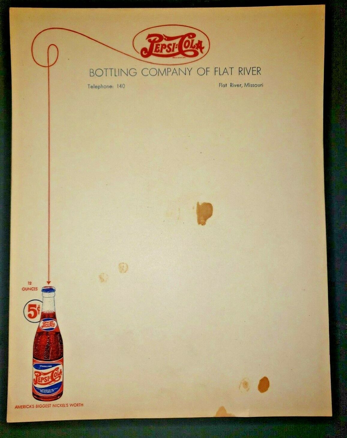 Primary image for Old 5 Cent Pepsi Cola Bottling Co Letterhead Flat River Mo  Unused Dist New (B7)