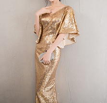 Sexy Golden Bat Sleeve Maxi Long Sequin Dress Plus Size Sequined Cocktail Dress image 8