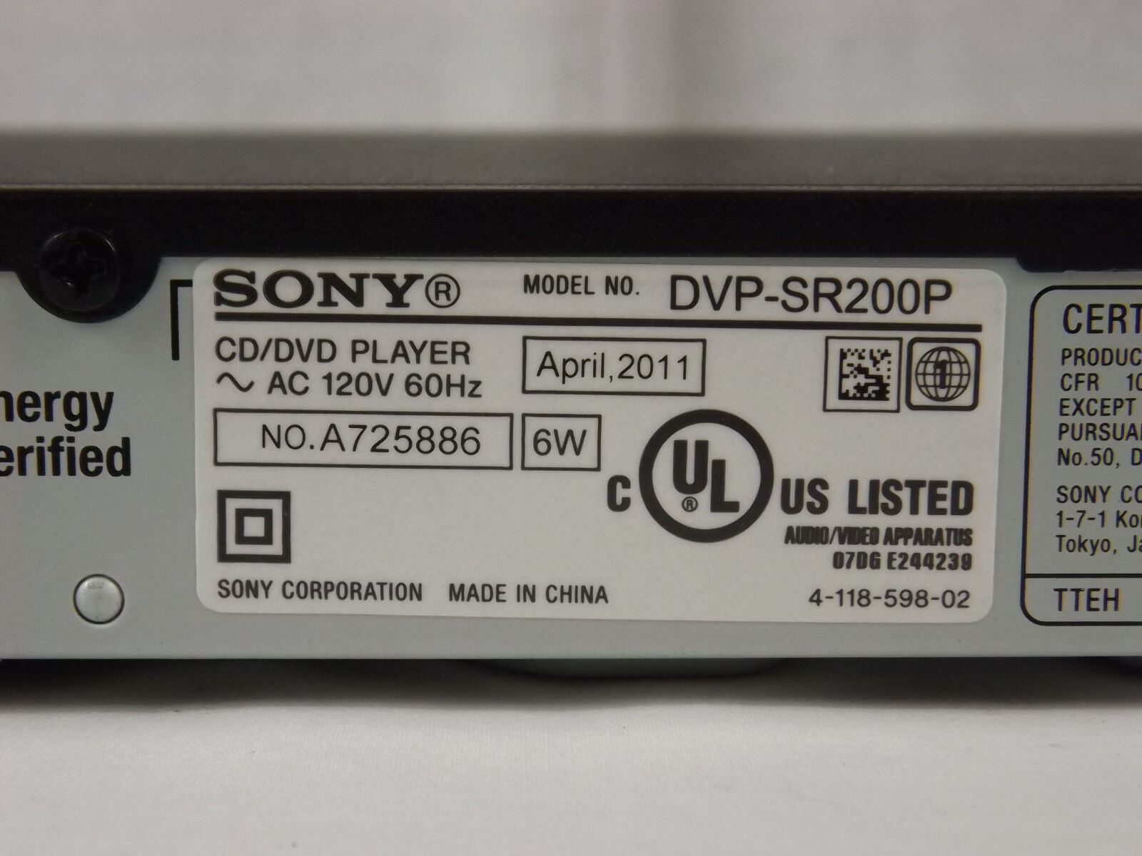 Sony DVP-SR200P DVD Player Screensaver 