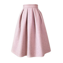Lady Pink Winter Wool Skirt Pink High Waist Midi Pleated Skirt Winter Party Plus