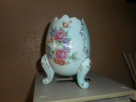 Napco Cracked Egg Glass Vase Light Blue HAND PAINTED ROSES Vintage 1961 ... - $18.99