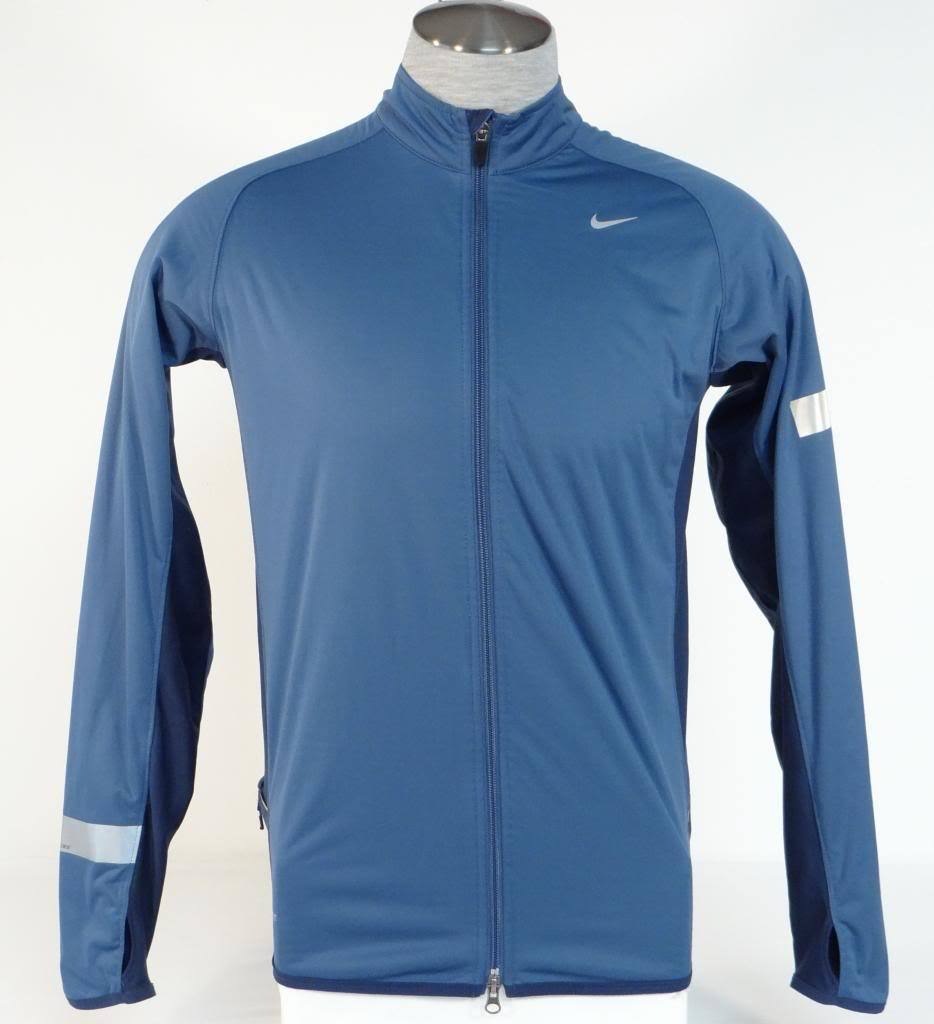 Primary image for Nike Dri Fit Wind & Water Resistant Blue Zip Front Running Jacket Mens NWT