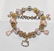 Beautiful in Pink &amp; Gold Bow Heart Kitty   - Authentic Pandora Bracelet ... - $145.00