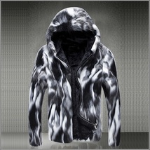 Natural Marbled Black and White Rabbit Faux Fur Front Zip Hooded Coat Jacket image 1