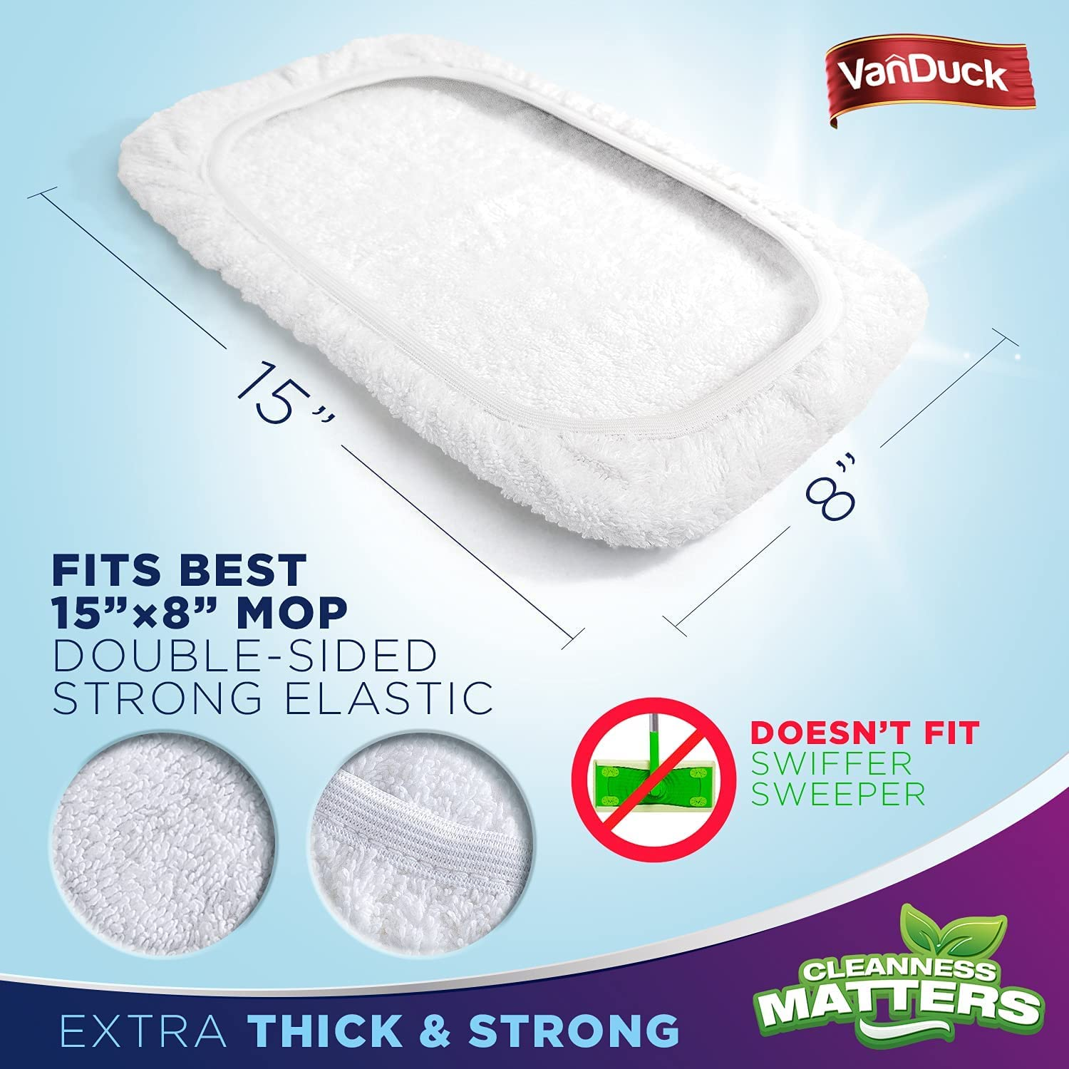 VanDuck 100% Cotton Terry Mop Pads 15x8 inch 3-Pack (Mop Is Not Included).