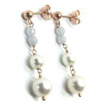 18K ROSE GOLD PENDANT EARRINGS, WITH FW PEARLS AND CHALCEDONY - $487.00