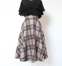 GRAY Plaid A Line Pleated Skirt High Waist Autumn Tea Length Midi Skirt US0-US20