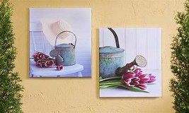Watering Can Framed  Prints Set of 2 Wood Stretched Canvas 18"x 20" Garden Wall