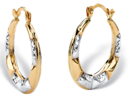 Diamond Cut Hoop Earrings Two Tone 10K Yellow And White Gold 3/4" - $189.99